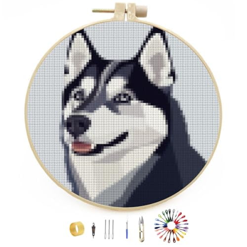 Siberian Huskies Dog Stamped Cross Stitch Kits for Beginners with Hoop Simple Patterns 11CT Counted Embroidery Needlepoint Crafts Arts for DIY Enthusiasts and Home Decor 26x26cm