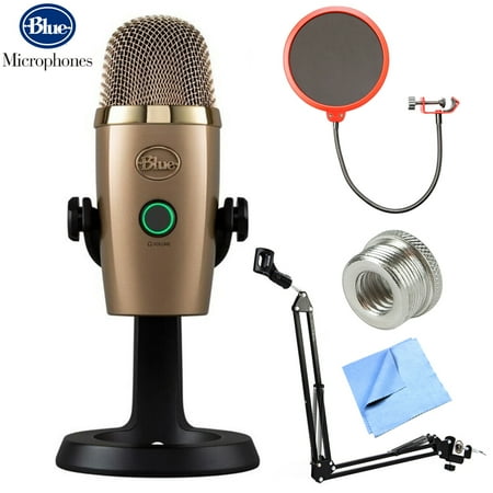 - BLUE MICROPHONES Yeti Nano Premium USB Microphone (Cubano Gold - 0489) + Suspension Boom Scissor Arm Stand + Microphone Wind Screen + Mic Stand Adapter + MicroFiber Cloth