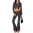 thumbnail image 2 of Womens Two Piece Knit Outfits Sweater Set Long Sleeve Zip Up Cropped Hoodie Top and Bootcut Pants Set Dark Gray M, 2 of 7