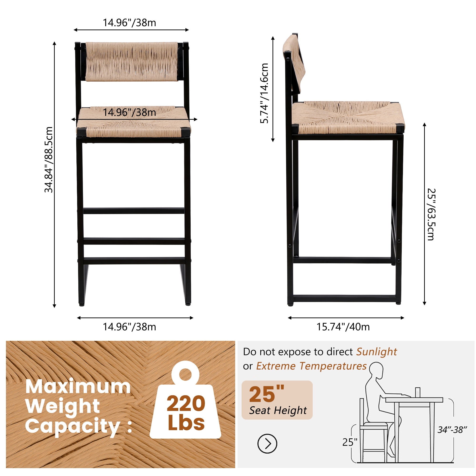 SYNGAR Bar Stools with Back Sets of 2, Woven Bar Chair with Metal Legs, Counter Height Bar Stools, Bar Chairs for Kitchen Bars Restaurants, Tufted Barstools Set, Honey