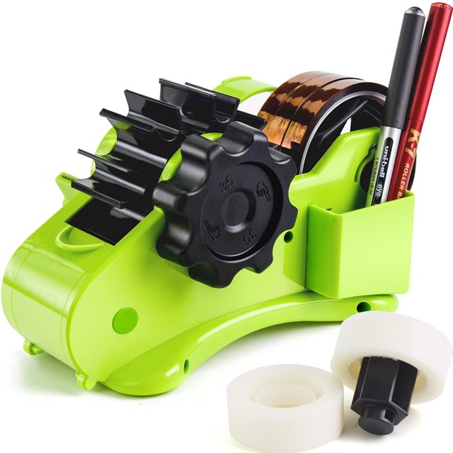 35mm Green Automatic Roller Tape Dispenser with 3-inch Inner Rings and 1-inch Roller - Multi-functional Adhesive Tape Cutter for Sealing and Bundling, Includes Main Body, Replacement Rings, and