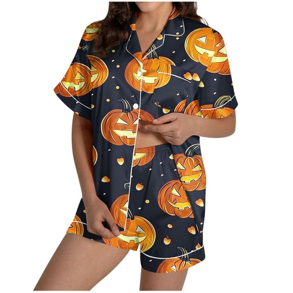 Youyipin Womens Tops Halloween Pajama Sets 2 Pieces Pj Set With 3 Pockets Soft Woven Short Sleeve Sleepwear Loungewear Summer Tops For Women