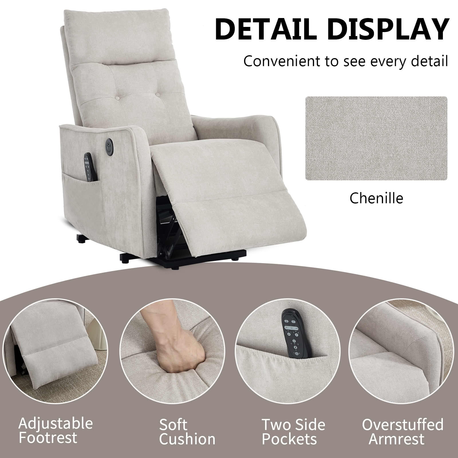MAYEERTY Beige Chenille Power Lift Recliner Chair, Massage Heat USB Port 25"x36"x39" for Elderly