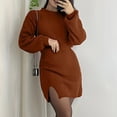 thumbnail image 2 of ZHYou Womens Knit Sweater Dresses Long Sleeve High Neck Ribbed Mini Dress Stretch Bodycon Side Slit Skirts,Brown,L, 2 of 8