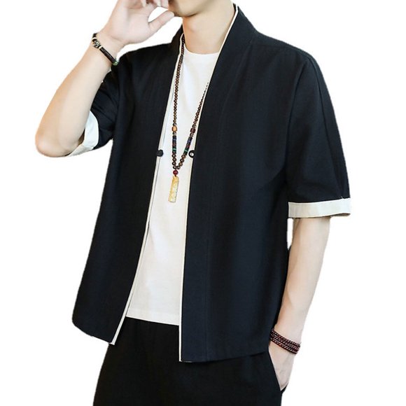 Kimono Cardigan Manteau à Manches Longues Design Ample Finition Soignée Vêtements Homme Tenue d'Été Haori Traditionnel Noir 3TG