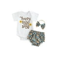 thumbnail image 1 of Franhais Girls Summer 3Pcs Outfit Sets White Short Sleeve Letter Print Romper + Floral PP Shorts + Headband, 1 of 8