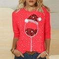 thumbnail image 2 of Hauts pour Femmes Noël Verre de Vin Rouge Imprimé Col Rond Manches Trois-Quarts Chemises pour Femmes Rouge TG, 2 of 4