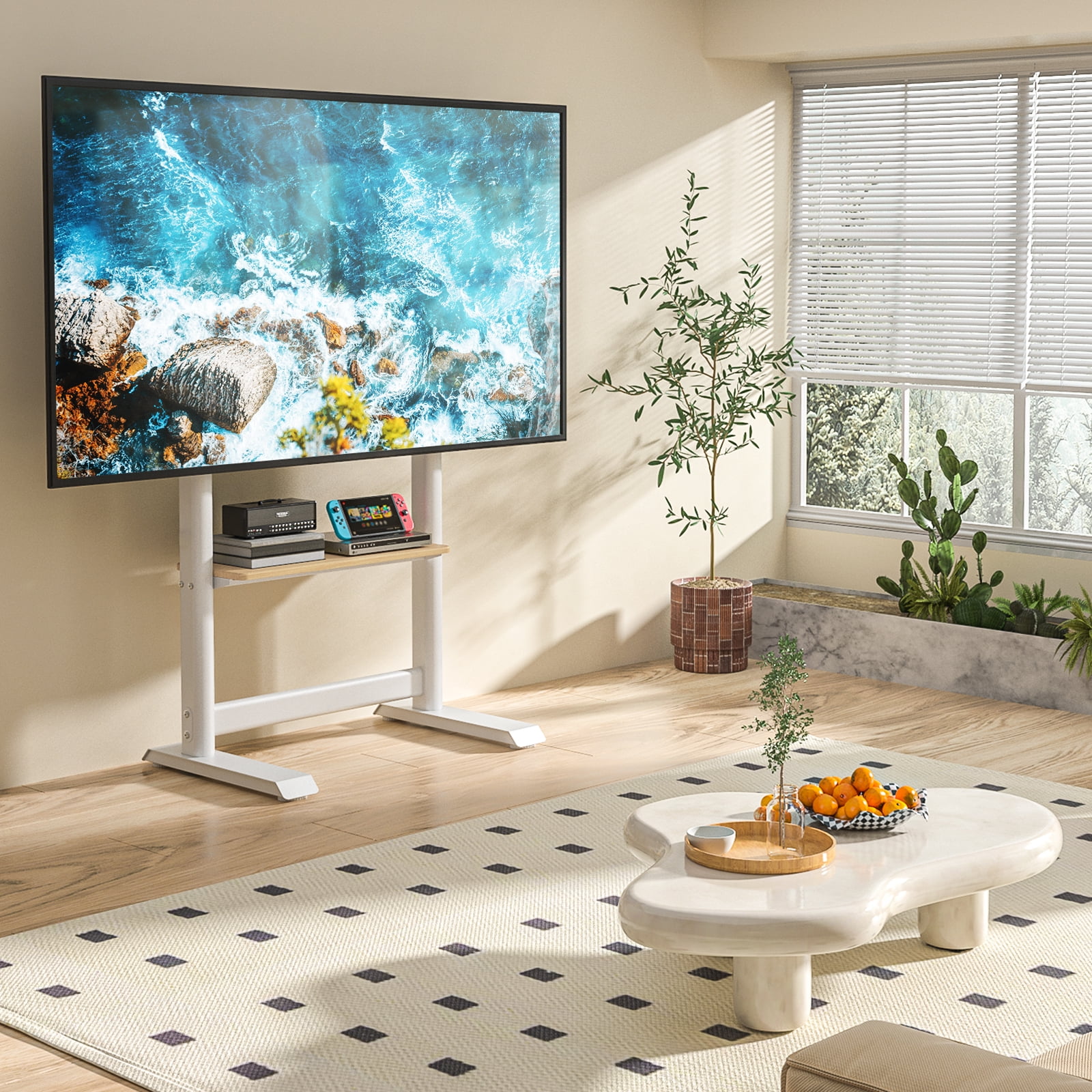 RTVR Floor TV Cart Stand with Mount for 55 - 100 inch Screens up to 150 lbs, Heavy Duty Conner TV Stand, White