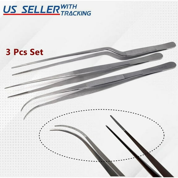A2Z- Offset Plating Chef Tweezers Multi-Purpose Set of 3Pc Kitchen Tongs with Precision Serrated Tips Stainless Steel Pincer Culinary Cuisine ( 3 Pcs - 10" inch )