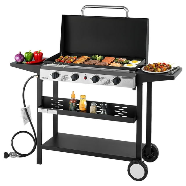 VEVOR Gas Griddle, 4-Burner Flat Top Grill, 29 inch Grill Plate Propane Griddle with Wheels, Lid, 28000 BTU Outdoor Flat Top Grills for Pan-Frying, Grilling