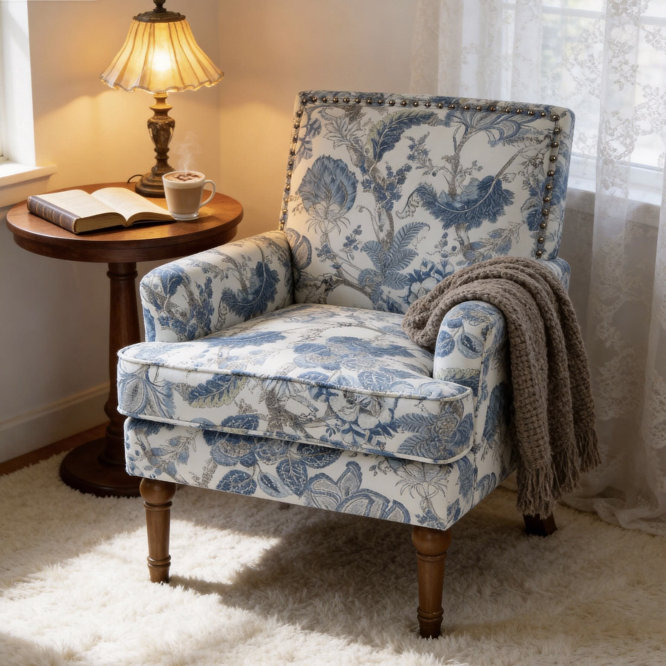 Noble House Floral Accent Chair with Nailhead Trim, Solid Wood Legs, Blue + White