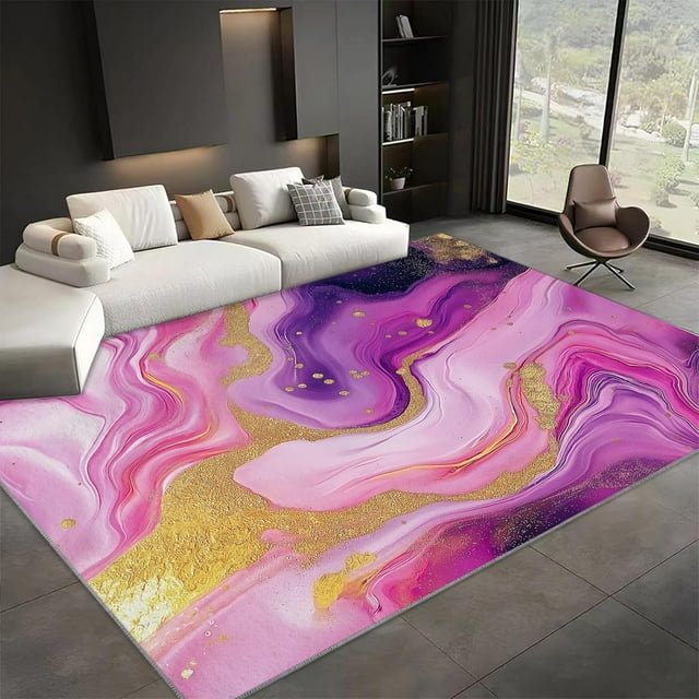 Living Room Area Rug 7x8 ft Purple Marble Washable Non-Slip Area Rug, 3D Print Low-Pile Carpet for Bedroom, Kids Room, Nursery, Home Decor Rugs