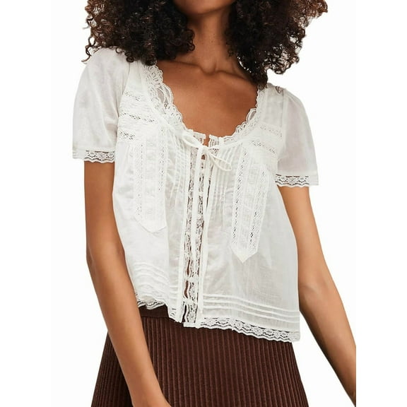 Women Tie Front Lace Trim Top Sheer Short Sleeve Scoop Neck Button Shirt Y2k Ruffle Flowy Boho Crop Tops White M