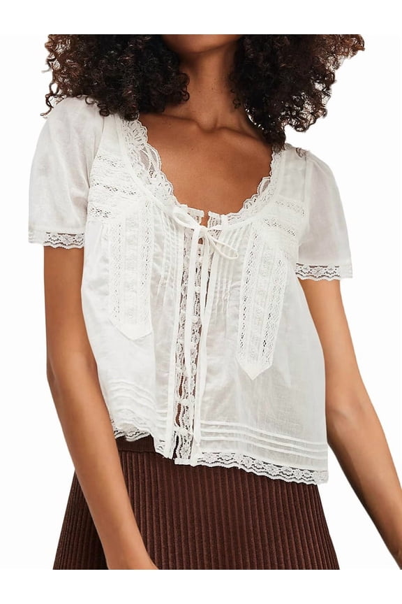 Women Tie Front Lace Trim Top Sheer Short Sleeve Scoop Neck Button Shirt Y2k Ruffle Flowy Boho Crop Tops White S