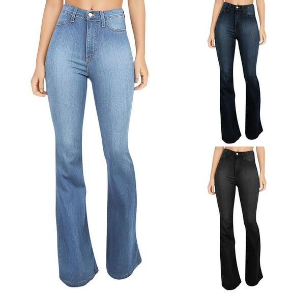 HKYNLAG Flare Jeans for Women Summer Casual Stretch High Waist Skinny Pull On Bell Bottom Denim Jeans with Pockets Black M