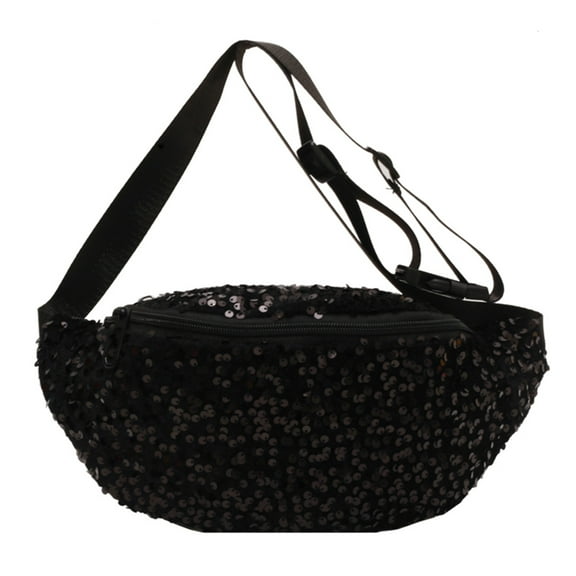 Yucurem Women Fanny Pack Pu Leather Sequin Coin Purse Single Shoulder Bag (Black) Chest bag (Black)