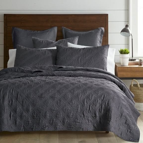 Levtex Home - 100% French Flax Linen Front/100% Cotton Back - Full/Queen Quilt - French Flax Washed Linen - Charcoal - Quilt Size (88 x 92in.)