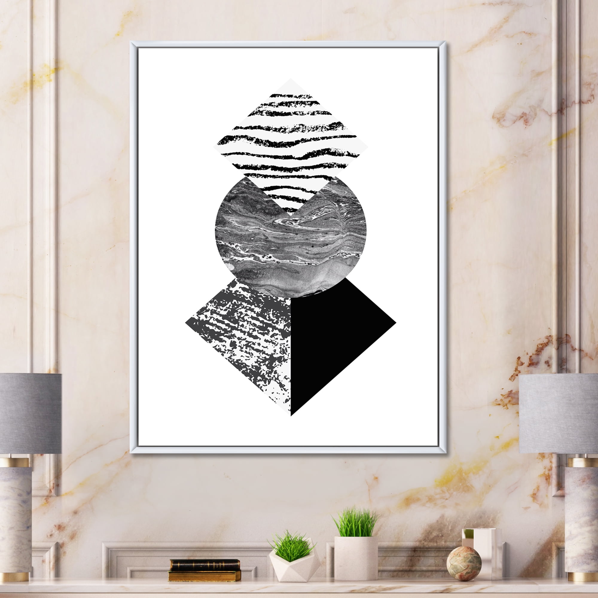 Designart 'Abstract Geometry Shapes With Tropical Palm Leaf I' Modern Framed Canvas Wall Art Print