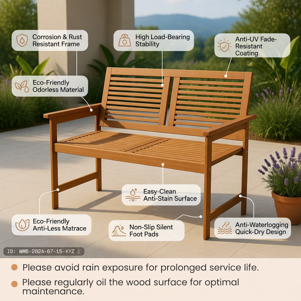Hommoo 2-Person Outdoor Wooden Patio Bench with Slatted Backrest & Seat, Wood Garden Bench for Porch, Balcony & Backyard, Natural
