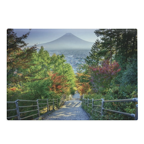 Nature Cutting Board, Stairway to Mt. Hill Hillyoshida Japan Tourist Attractions Landmark Scene Picture, Decorative Tempered Glass Cutting and Serving Board, Large Size, Green Grey, by Ambesonne