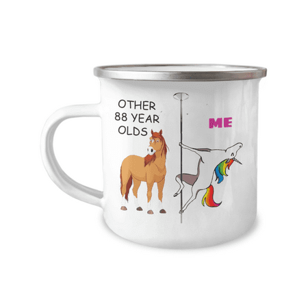 88th Birthday Unicorn Camper Coffee Mug - Other 88 Year Olds Me Unicorn Coffee Mug -12 Oz Stainless Steel Enamel Finish White Camper Coffee Mug