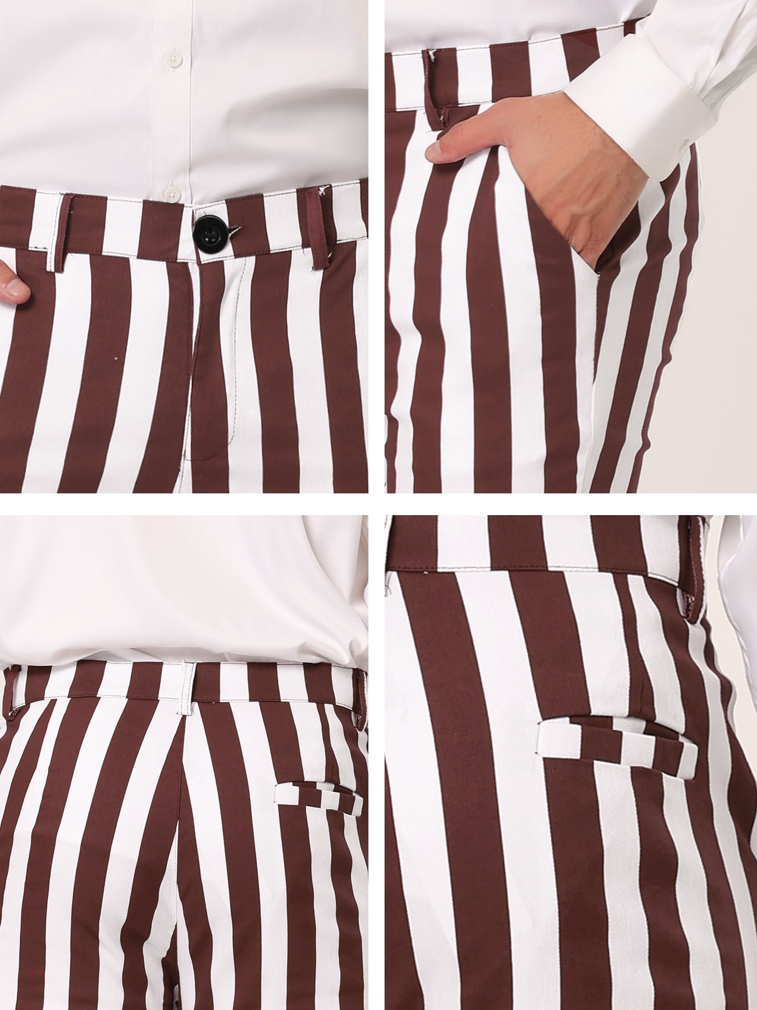 Unique Bargains Men's Striped Pants Business Skinny Fit Color Block Trousers 40 Brown White