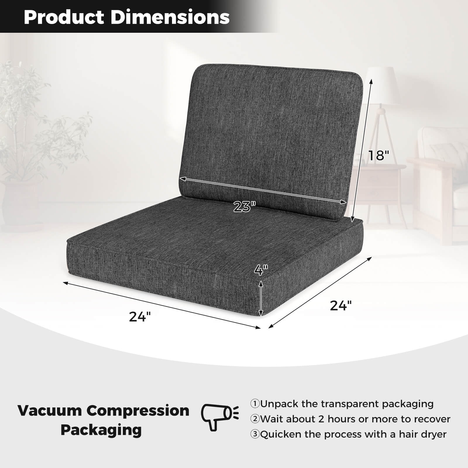Costway 2-Pack 24" x 24" Deep Seat Cushion & Back Pillow with Removable Covers Outdoor Gray