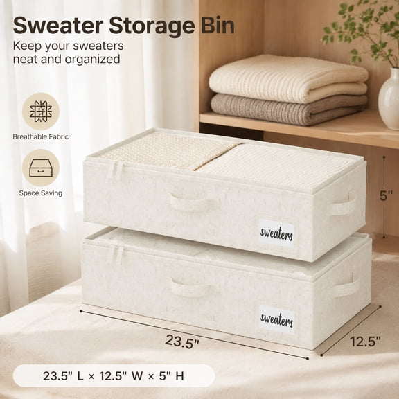 Underbed Storage Containers with Handles and Label Holder, 2 Pack Ultra-Thick Fabric Bins, Closet Organizer for Clothes, Blankets, Sweaters