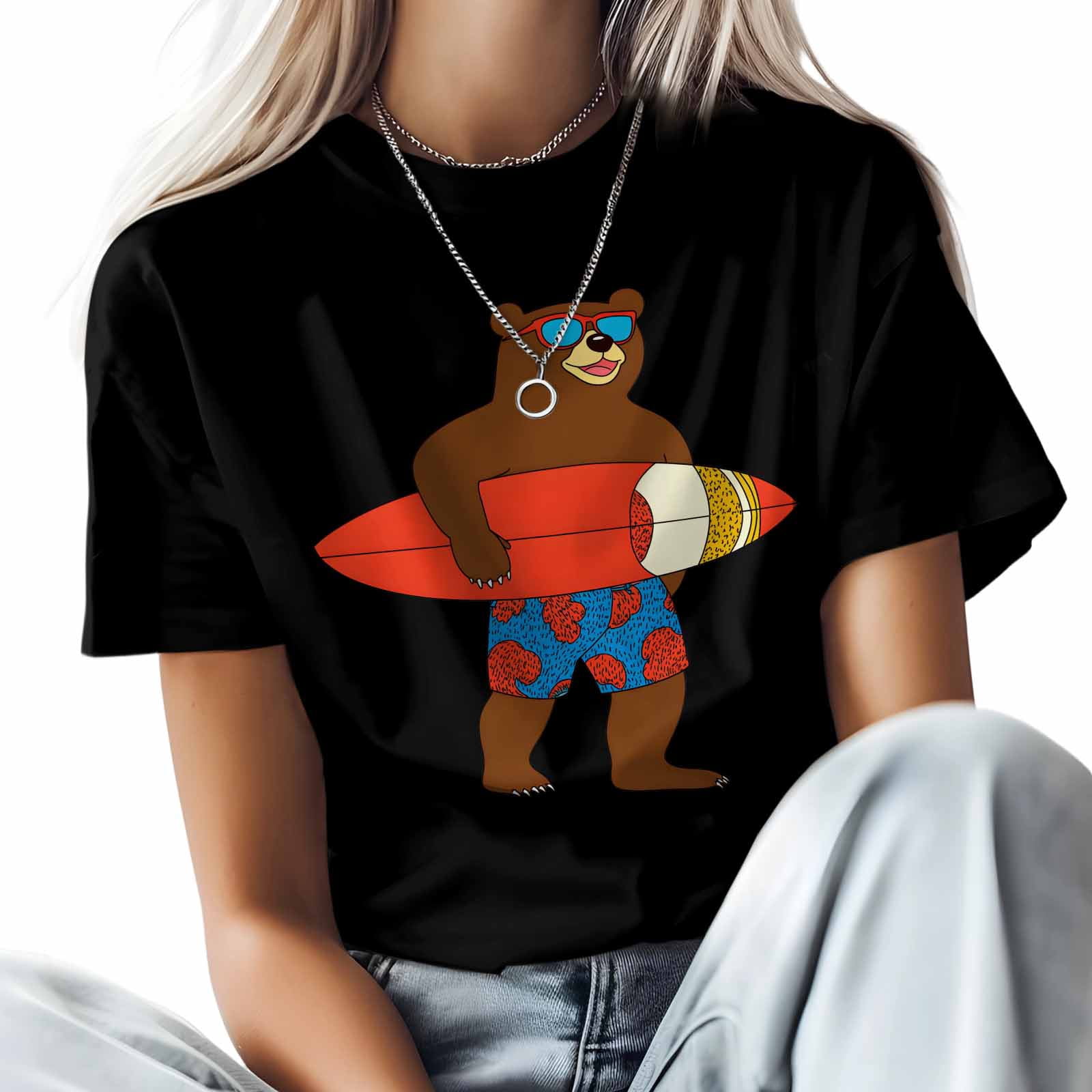 Surf Brown Bear Men's T Shirts Cartoon Bear with Glasses T-Shirt for Men Crew Neck Tees Cotton Tops Black, S