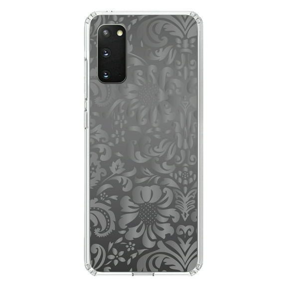 DistinctInk Clear Shockproof Hybrid Case for Galaxy S20 ULTRA / 5G (6.9" Screen) - TPU Bumper, Acrylic Back, Tempered Glass Screen Protector - Shades of Grey Floral Pattern