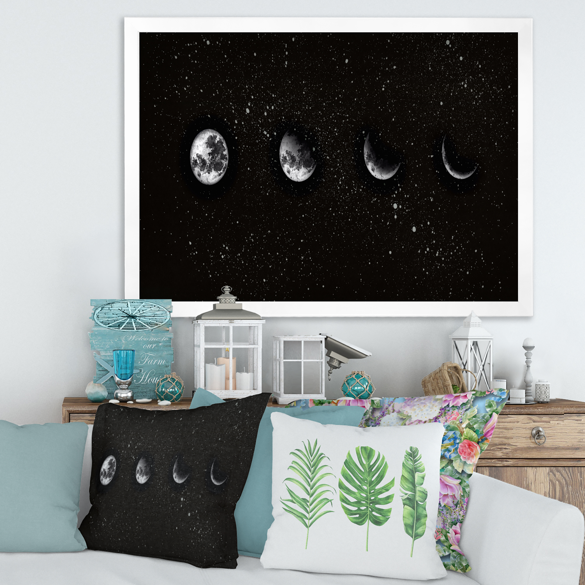 Designart 'The Night Sky With Moon Phases' Modern Framed Art Print