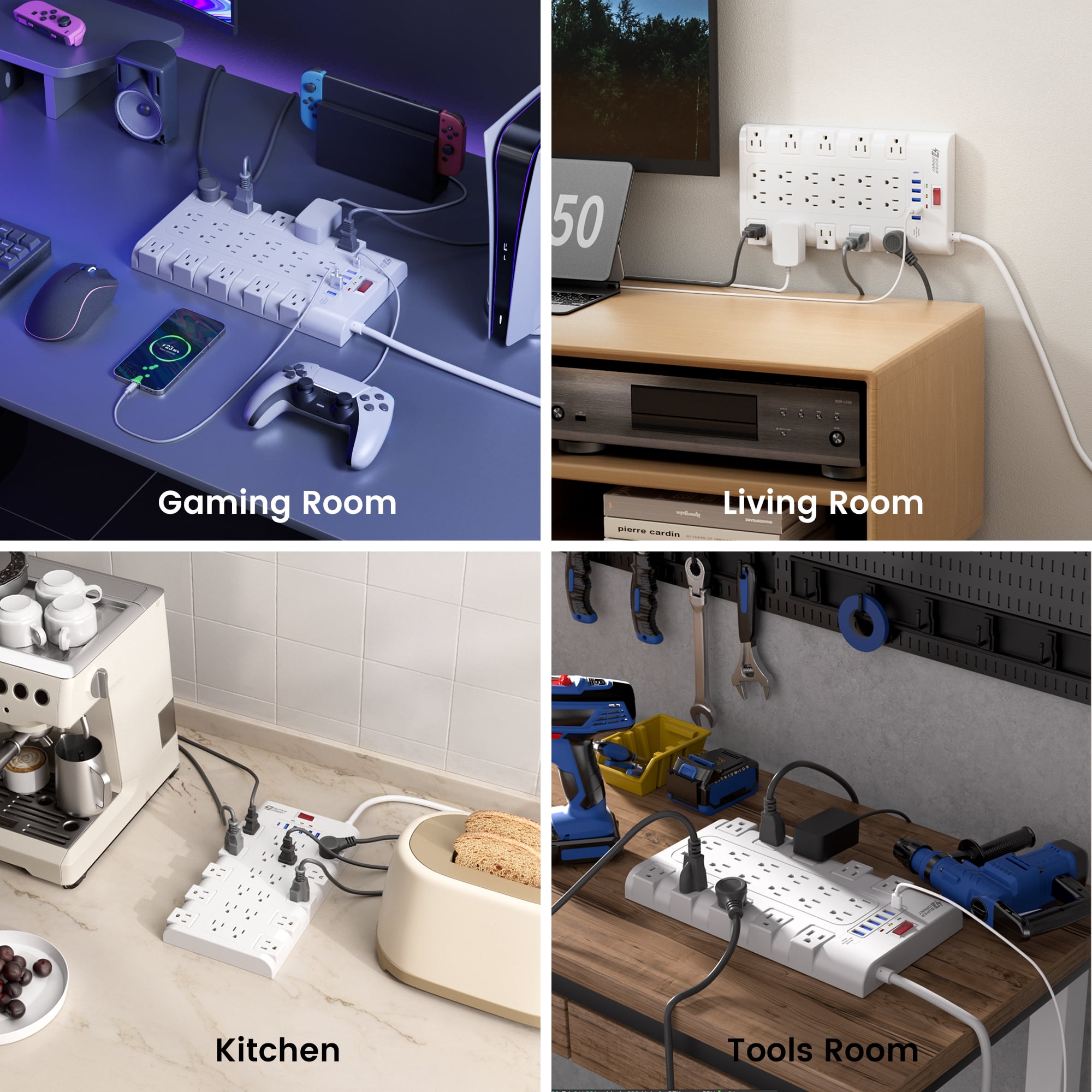 Power Strip with 22 Outlet and 6 usb ports with Cable Manager, 5.5 Ft Long Cord,White
