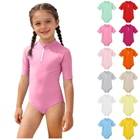 Girl Swimsuits Short Sleeve 1 Piece Swimming Suits Sun Protection Swimwear Rash Guard Girls 1 Piece Swimsuit 12-13 Years