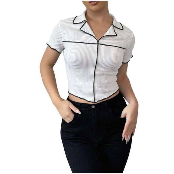 Womens Fashion Tops Summer Knit Turn down Collar Slim Fitted Shirts Color Block Tee Comfy Soft Clothes (XS, White)