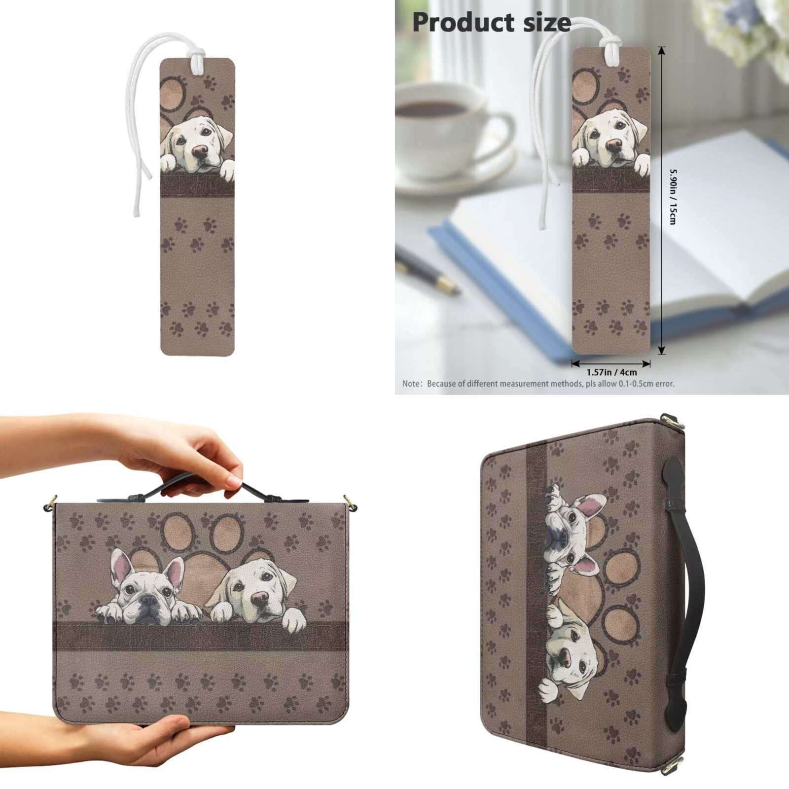 Kuiaobaty French Bulldog Print Bible Case for Women Men Labrador Paw Print Bible Cover Church Bag with Bookmark Roomy Bibles Carrying Case with Handle and Strap for Christian Daily, Brown