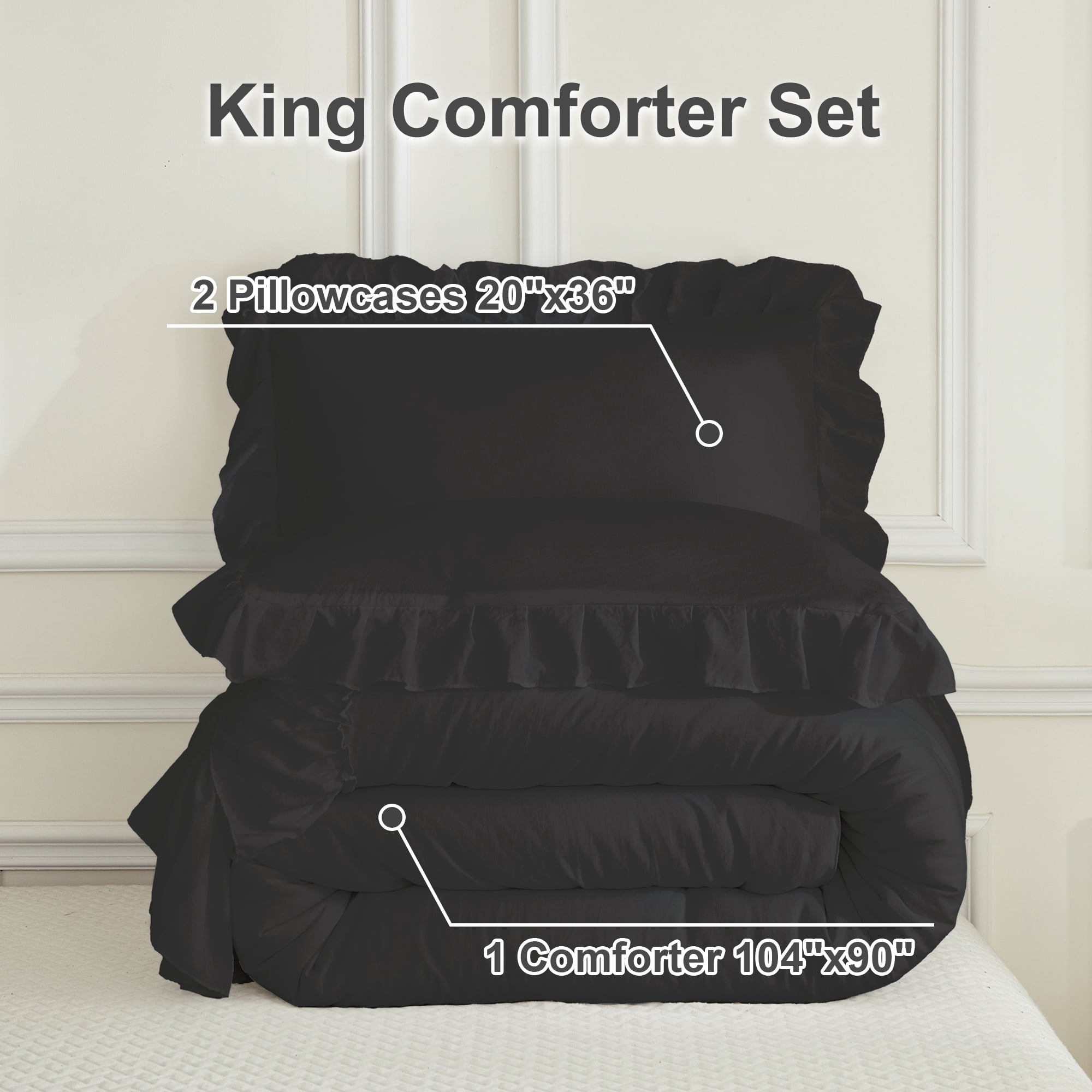 ANGENIA King Size Comforter Set Black, 3 Pieces Farmhouse Shabby Chic Ruffle Bedding, All Season Lightweight Fluffy Soft Bed Comforter Set