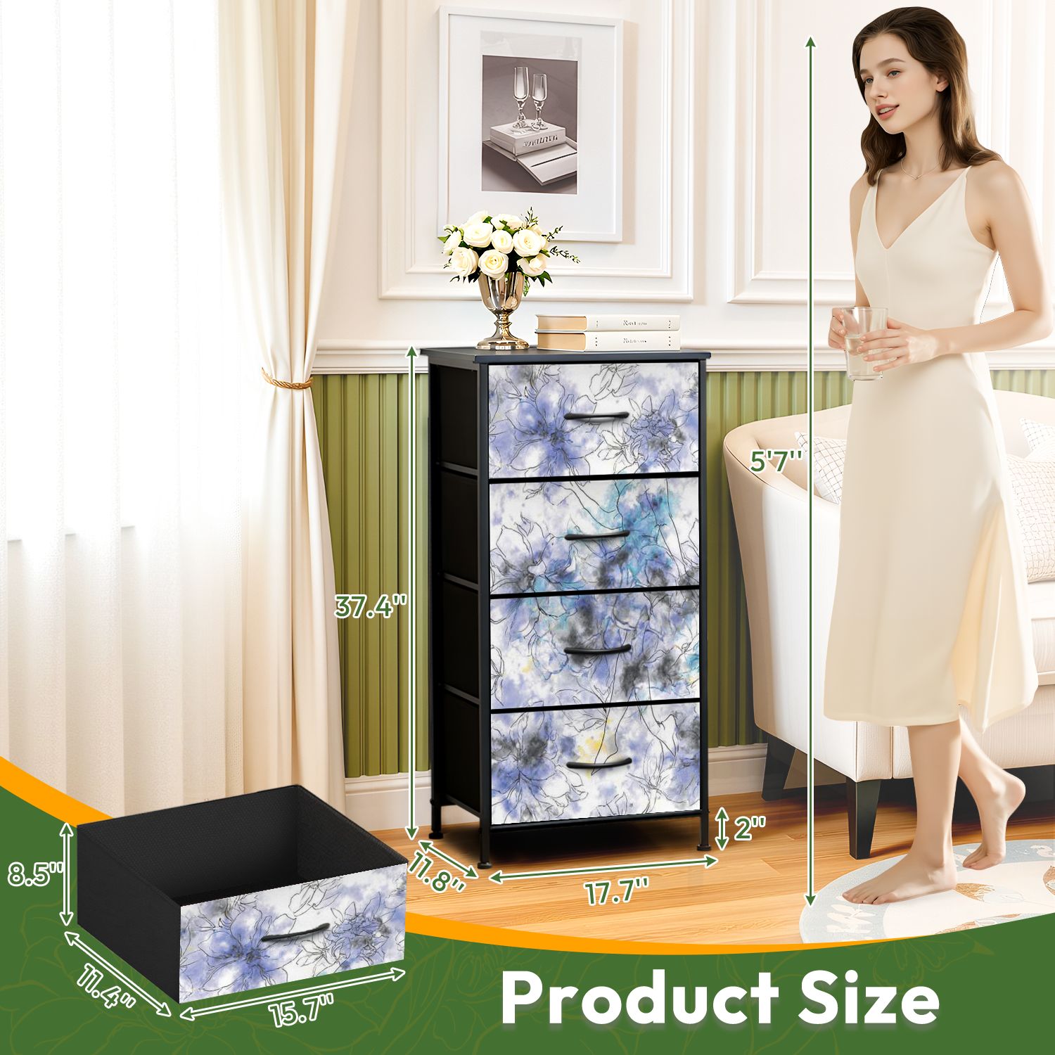 4 Drawer Vertical Storage Dresser Watercolor ballerina art Splash paint Watercolor blue with Wood Top Fabric Pull Drawers