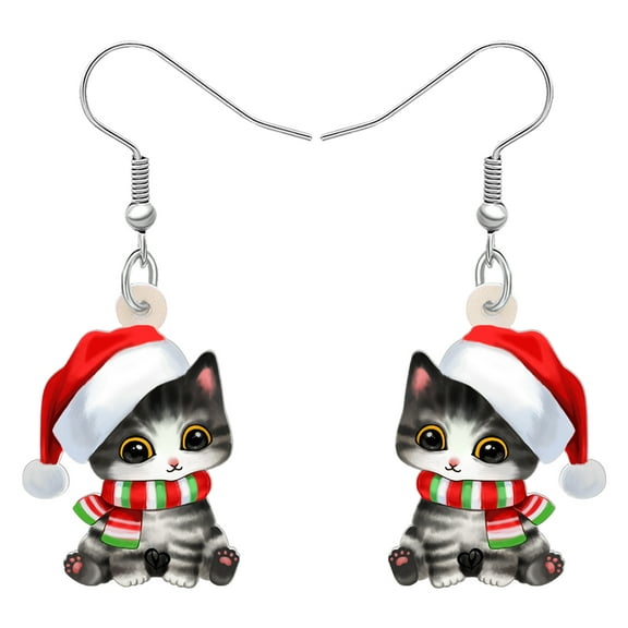 Christmas Day Cute Black Cat Earrings Acrylic Santa Hat Scarf Pets Dangle Jewelry for Women Gifts