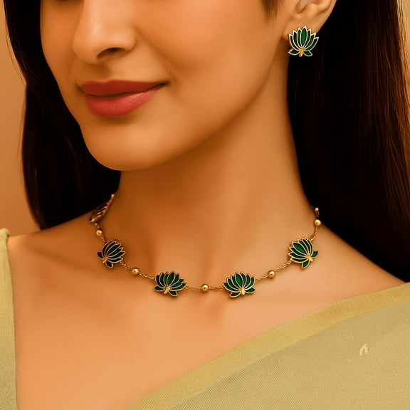 Elegant Green Lotus Flower Necklace & Earrings Set – Gold-Plated Enamel Jewelry for Women
