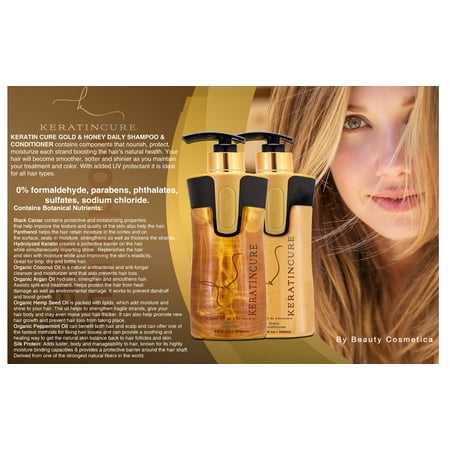 Keratin Cure Brazilian Gold & Honey Sulfate Free Shampoo Conditioner - Best for Damaged, Dry, Curly or Frizzy Hair - Thickening for Fine/Thin Hair, Safe for Color-Treated, Keratin Treated 10 (Best Cure For Blocked Ears)