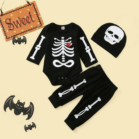 

New Year New You 2022! on Clearance Hesxuno Newborn Infant Baby Girls Boys Halloween Skull Romper +Pants+Hat Outfits Set Baby Boy Clothes