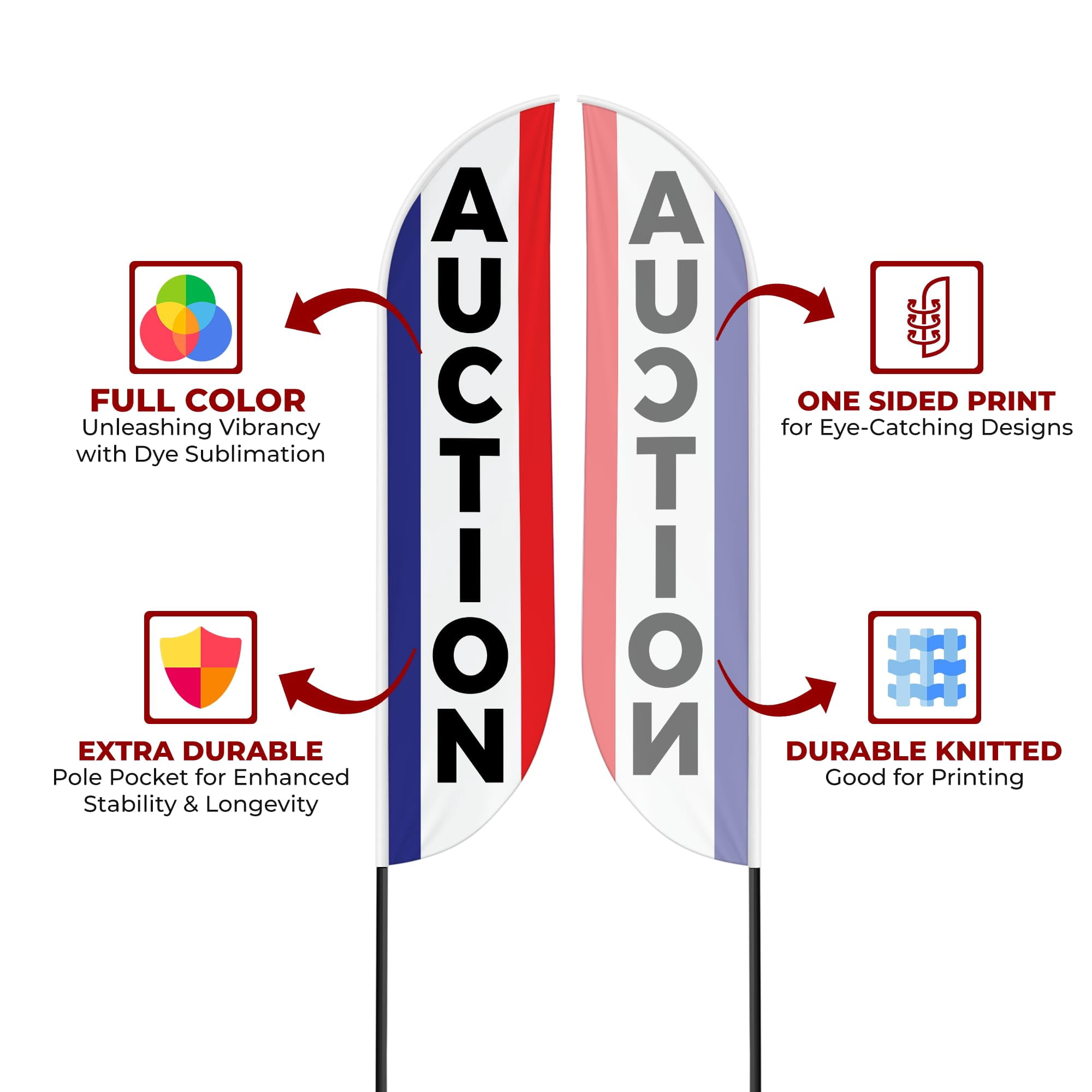Auction Sign feather flag for Outdoor by Mavis Printing | 11.5 FEET Long Polyester Outdoor Banner Flag for Easy Hang | HD Print Swooper I Flag Only to Advertise Real Estate BusinessI Flag Only