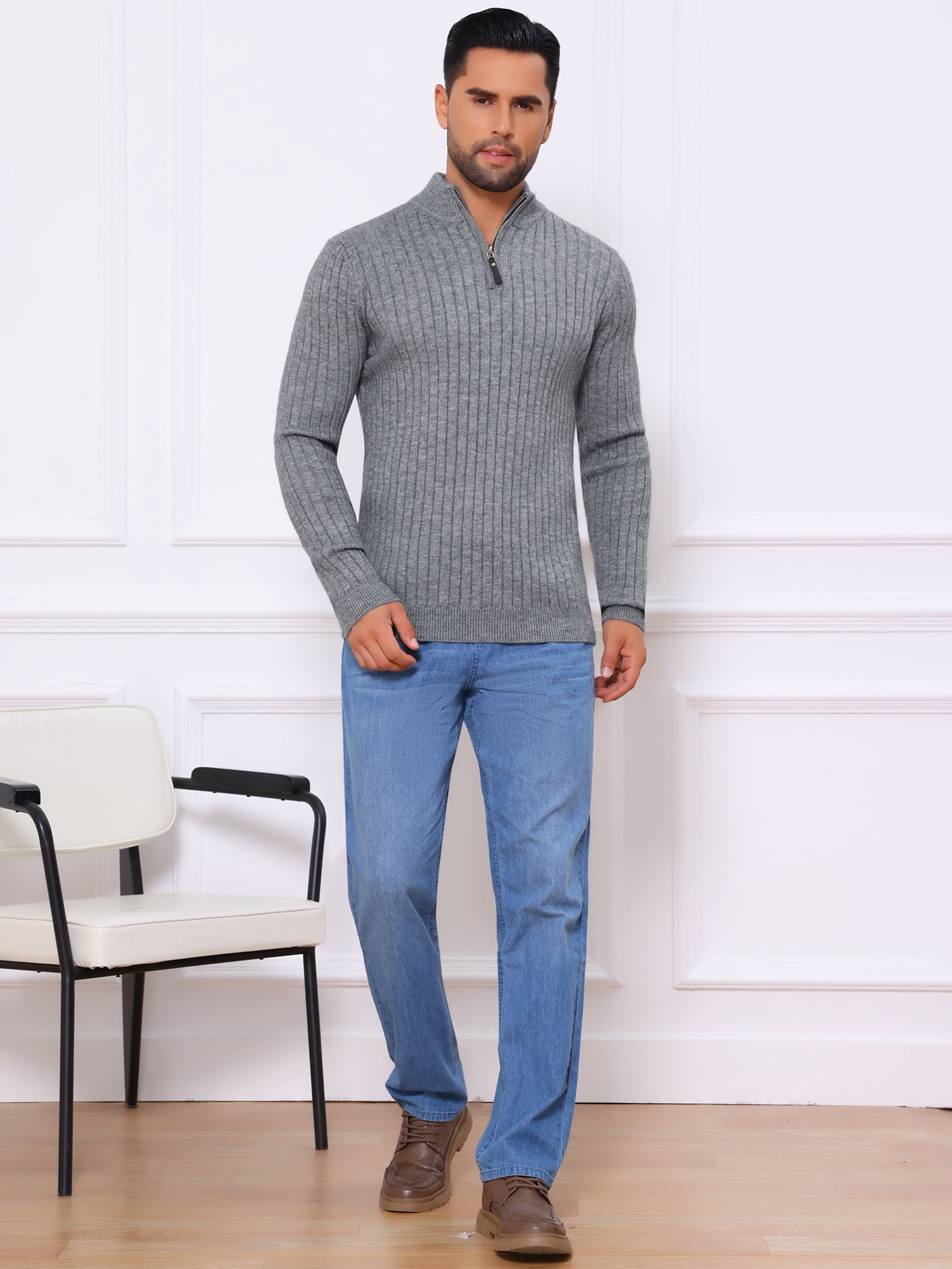 DARING DIVA Men's Casual Pullover Knitted Mock Neck Polo Sweater M Gray