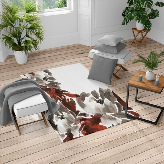 Floral Turkish Area Rug, Flowers in Watercolor Style Effect Illustration of Peonies Spring Inspired Print, Soft Carpet for Living Room Decor with Distressed Look, 2.6' x 5', Burgundy, by Ambesonne