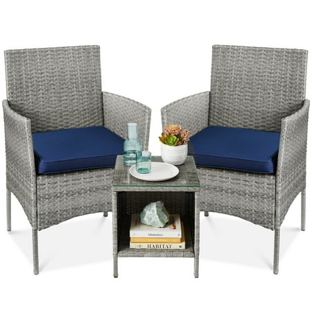 Best Choice Products 3-Piece Outdoor Wicker Conversation Patio Bistro Set, W/ 2 Chairs, Table - Gray/Navy