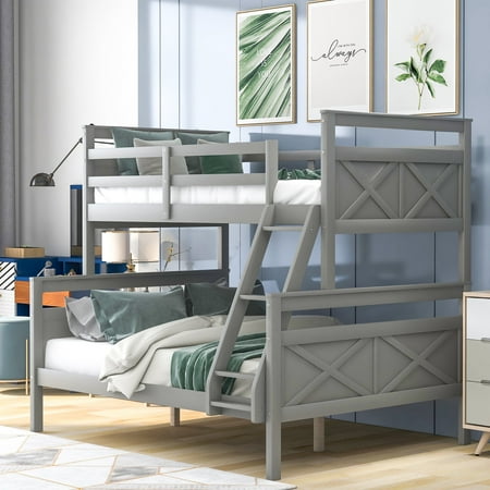Euroco Twin over Full Wood Bunk Bed with Ladder for Kid s Room Solid Bunk Bed for Kids Teens Adults Gray