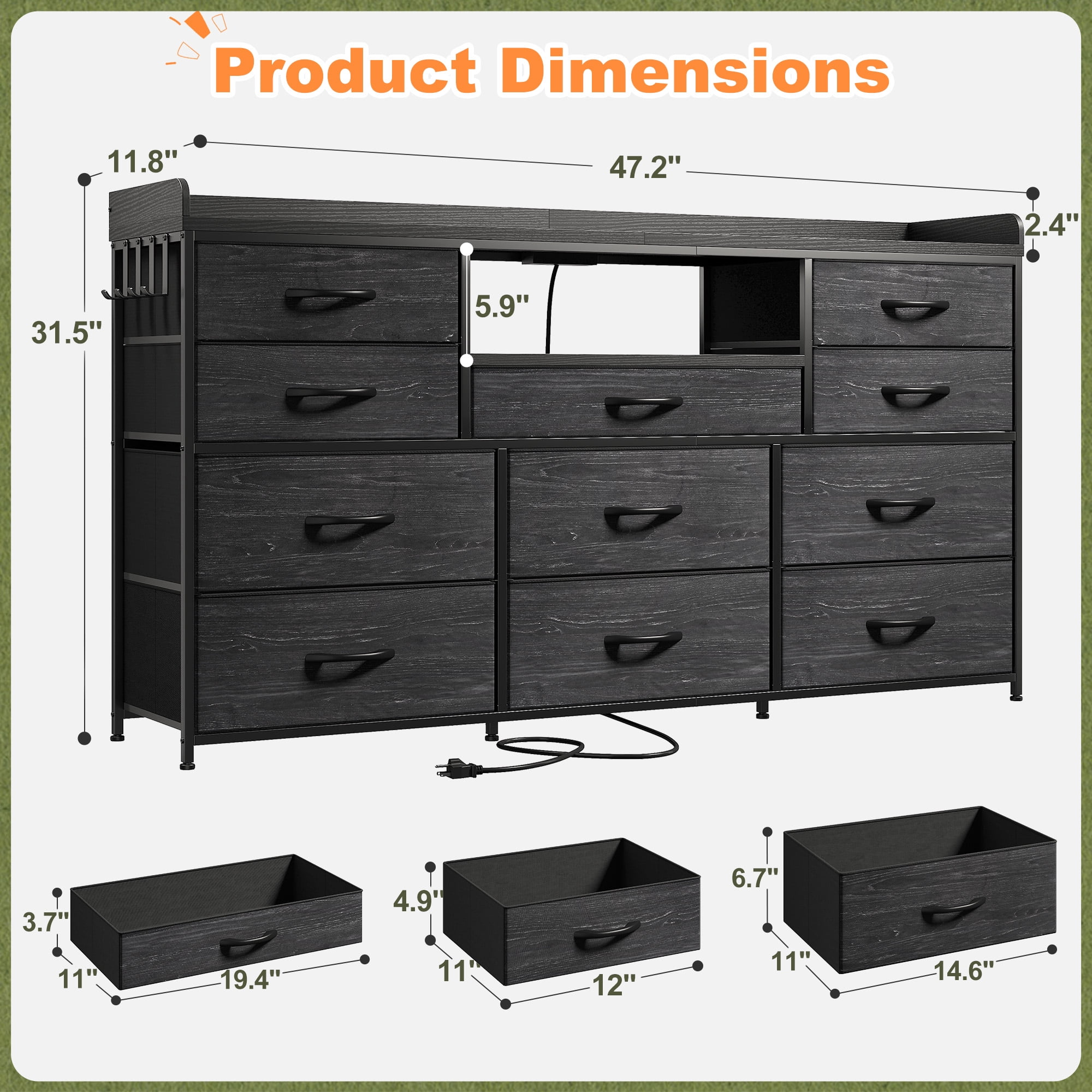 Black Dresser for Bedroom with 11 Drawers for 60" TV Stand with LED Lights & Charging Station Wide Dresser with Shelves & 4 Hooks Sturdy Metal Frame & Fabric Drawers & Wood Top
