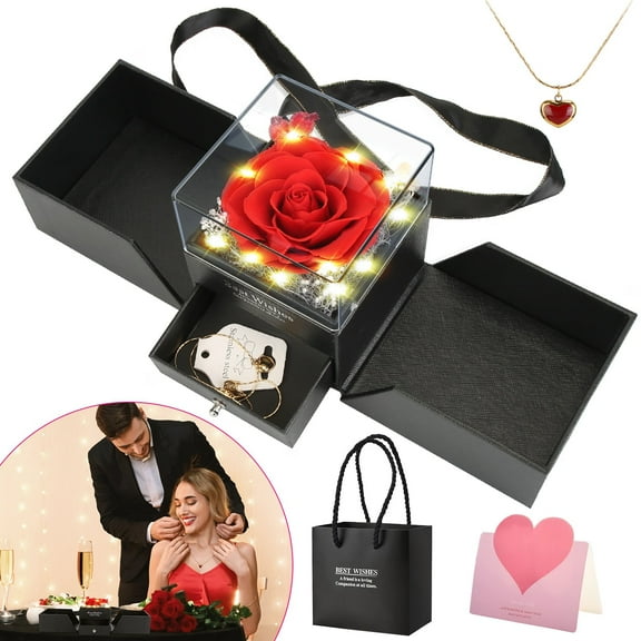 Moclever Preserved Red Real Rose with Heart Necklace, Eternal Flowers Rose with Golden Necklace Gifts for Women