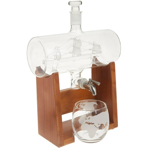 Nurtichef Whiskey Set - 1100 ml Glass Whiskey Decanter w/ 300 ml Glasses, Separates Sediment Before Pouring, Great Gifts for Men, Cadeau Homme, Spigot, Stopper & Base Included
