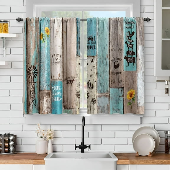 AUQ Wooden Barn Door Kitchen Curtains: Farmhouse Vintage Plank Striped Short Cafe Curtains Decor for Living Room Tier Curtains for Bathroom Rod Pocket Window Drapes 36" Length 2 Panels Set